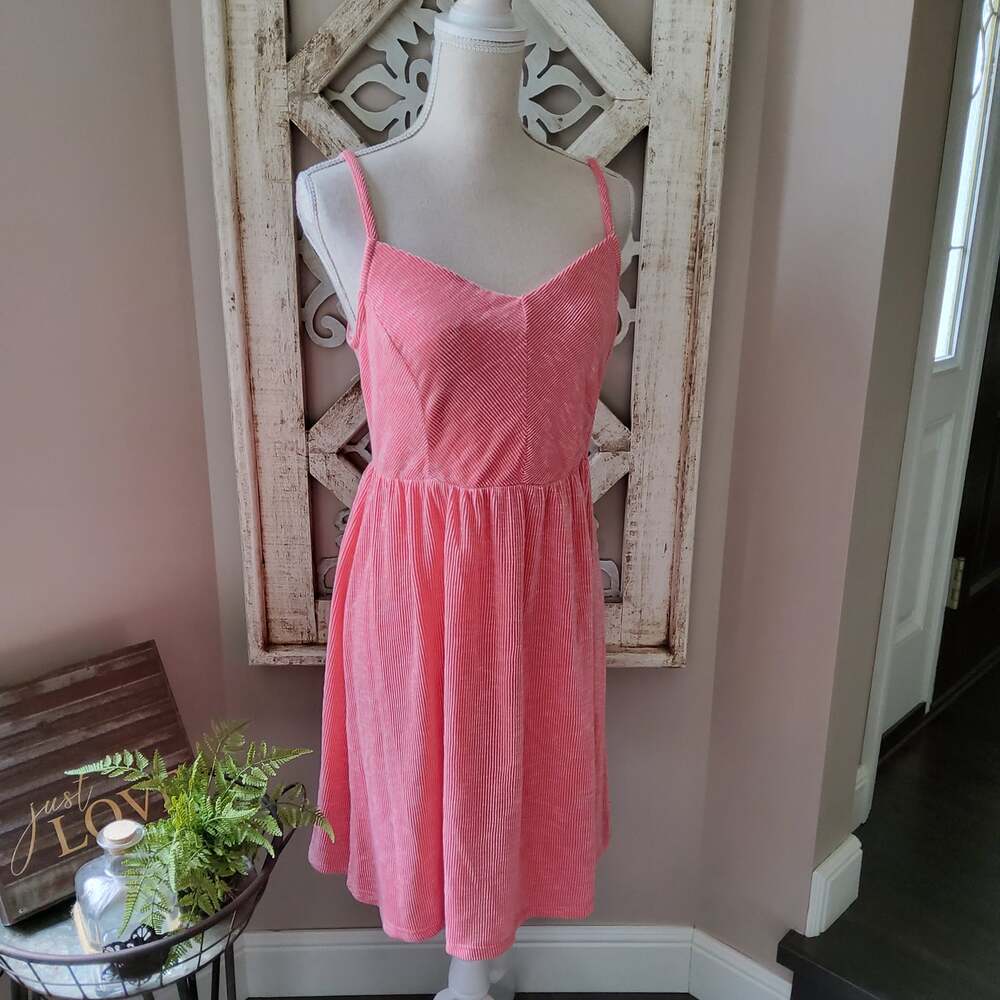 Ces Femme Pink Coral Ribbed Mini Dress Soft Girl Sleeveless V Neck Size M L